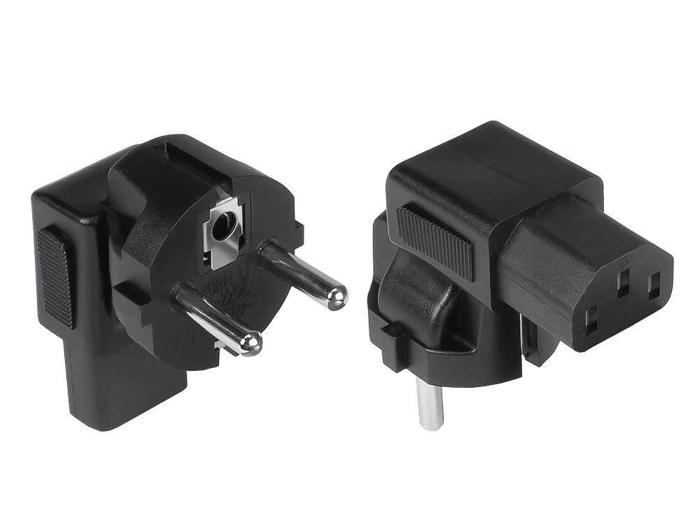 Stromadapter Schutzkontakt-Stecker Typ E+F (CEE 7/7) an Kaltgeräte-Buchse C13, abgewinkelt, schwarz,