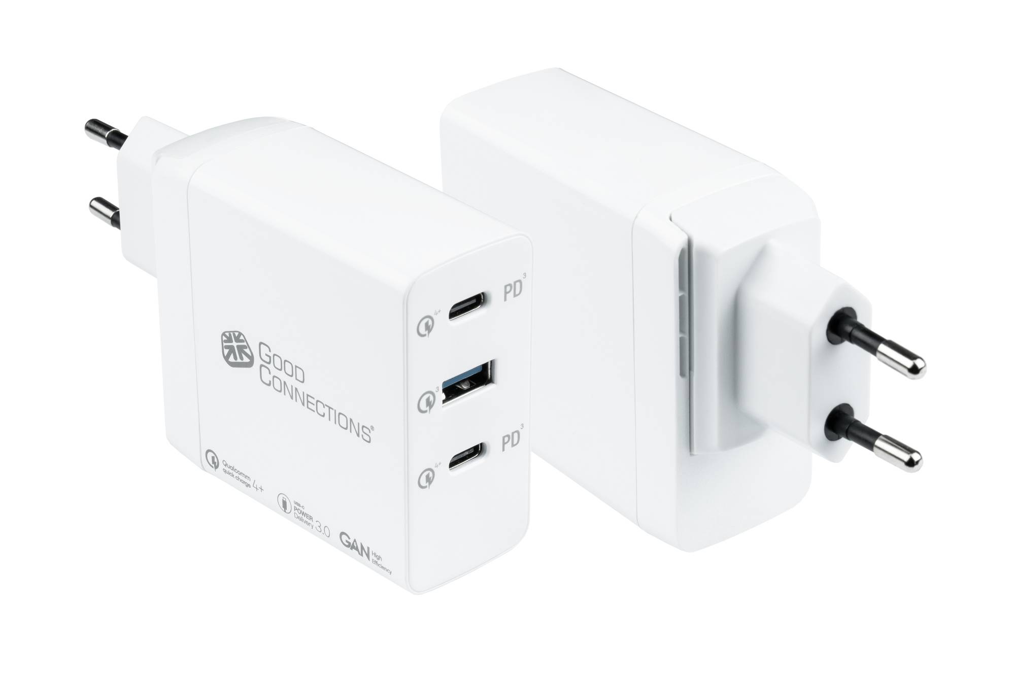 USB-Schnellladegerät 100W mit GaN-Technologie, 3-Port (2x USB-C und 1x USB-A), PD 3.0, QC 4+, weiß,