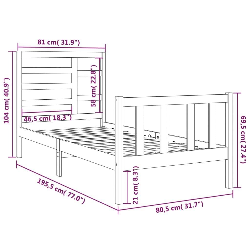 vidaXL Massivholzbett ohne Matratze Schwarz 75x190 cm