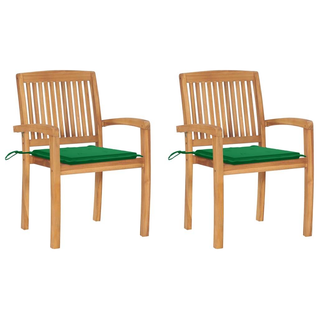 vidaXL Gartenstühle 2 Stk. mit Grünen Kissen Massivholz Teak