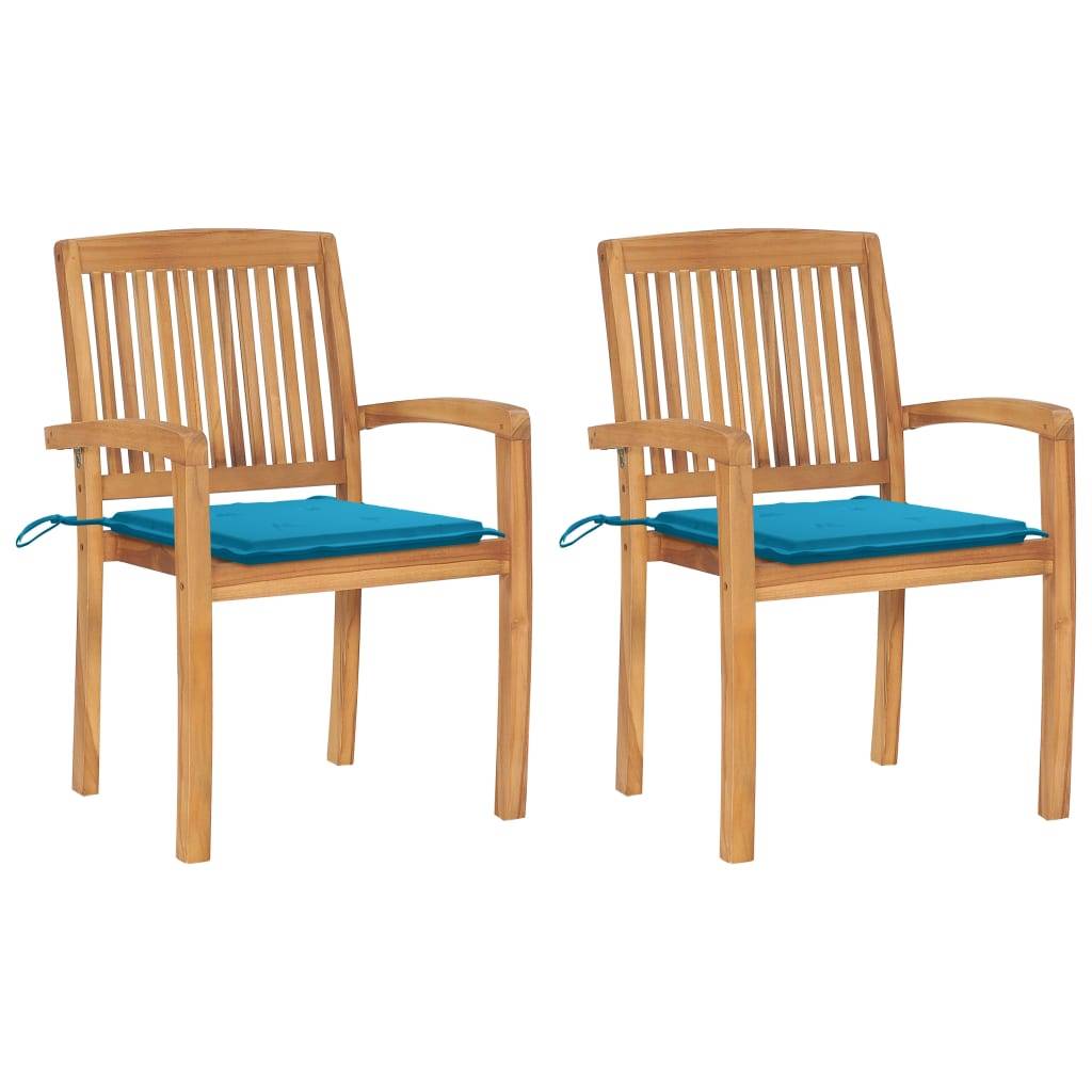 vidaXL Gartenstühle 2 Stk. mit Blauen Kissen Massivholz Teak