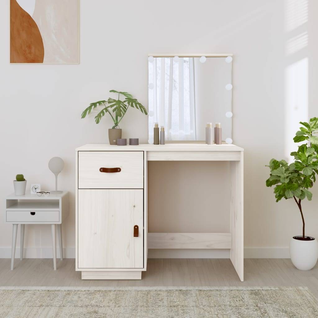 vidaXL Schminktisch mit LED Weiß 95x50x133,5 cm Massivholz Kiefer