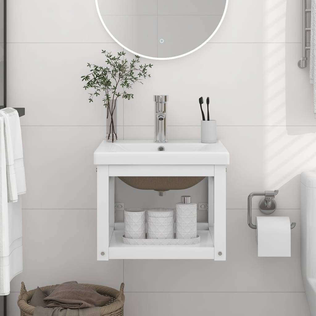 vidaXL Badezimmer-Waschtischgestell mit Waschbecken Weiß Eisen