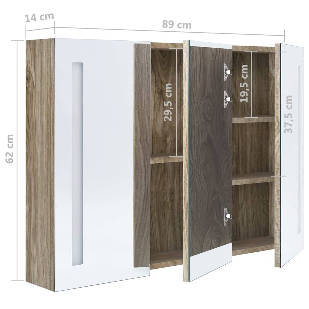 vidaXL LED-Bad-Spiegelschrank 89x14x62 cm Eichen-Optik