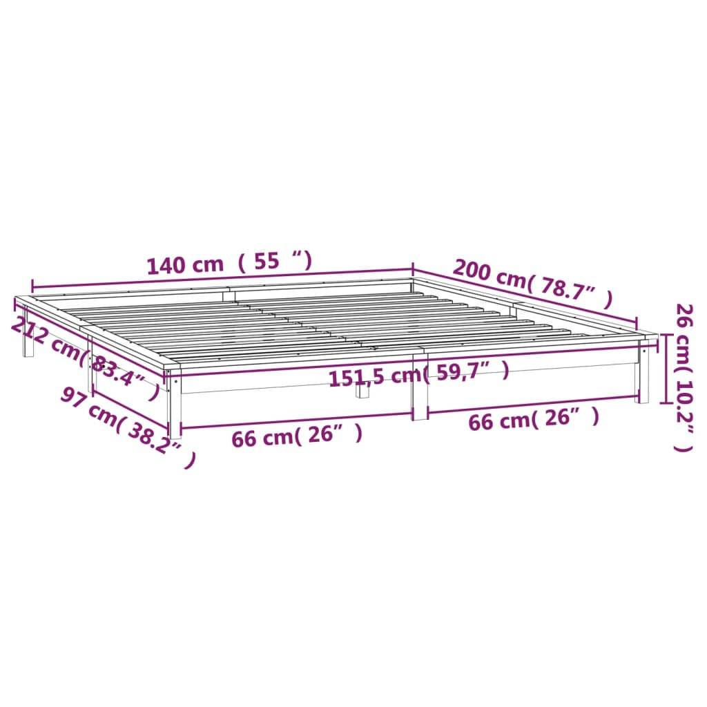 vidaXL Massivholzbett mit LEDs Honigbraun 140x200 cm