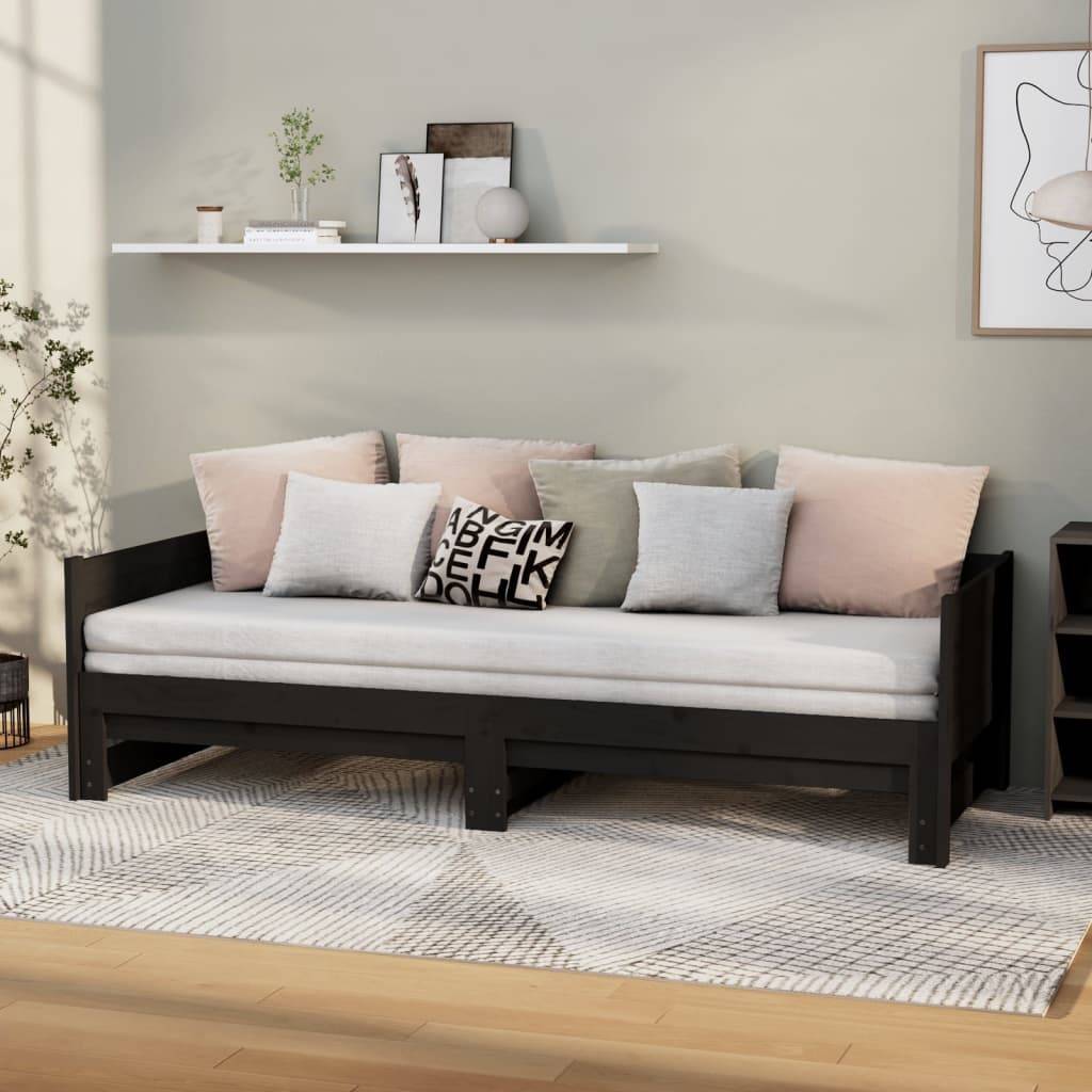 vidaXL Ausziehbares Tagesbett Schwarz Massivholz Kiefer 2x(90x200) cm