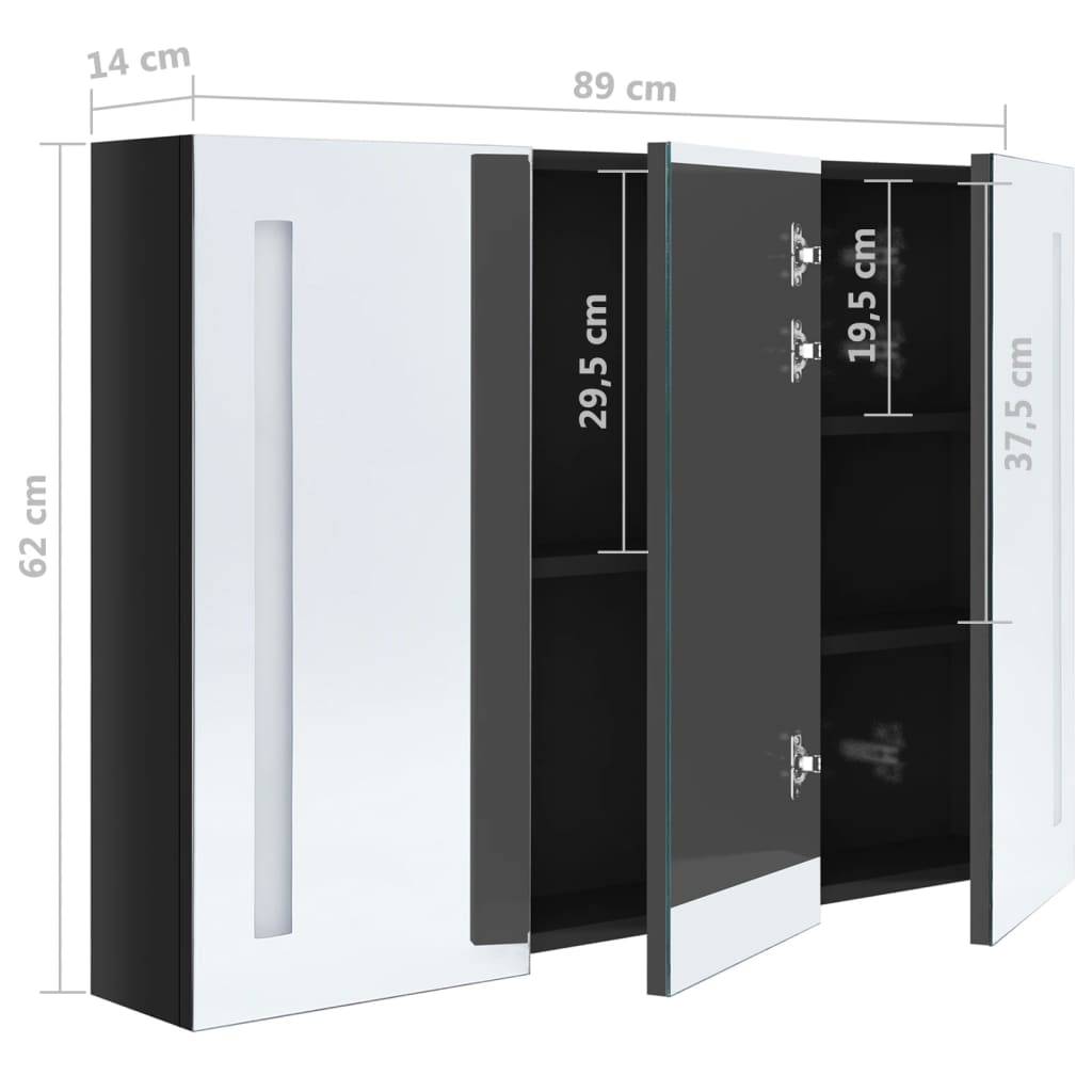 vidaXL LED-Spiegelschrank fürs Bad 89x14x62 cm Glänzend Schwarz