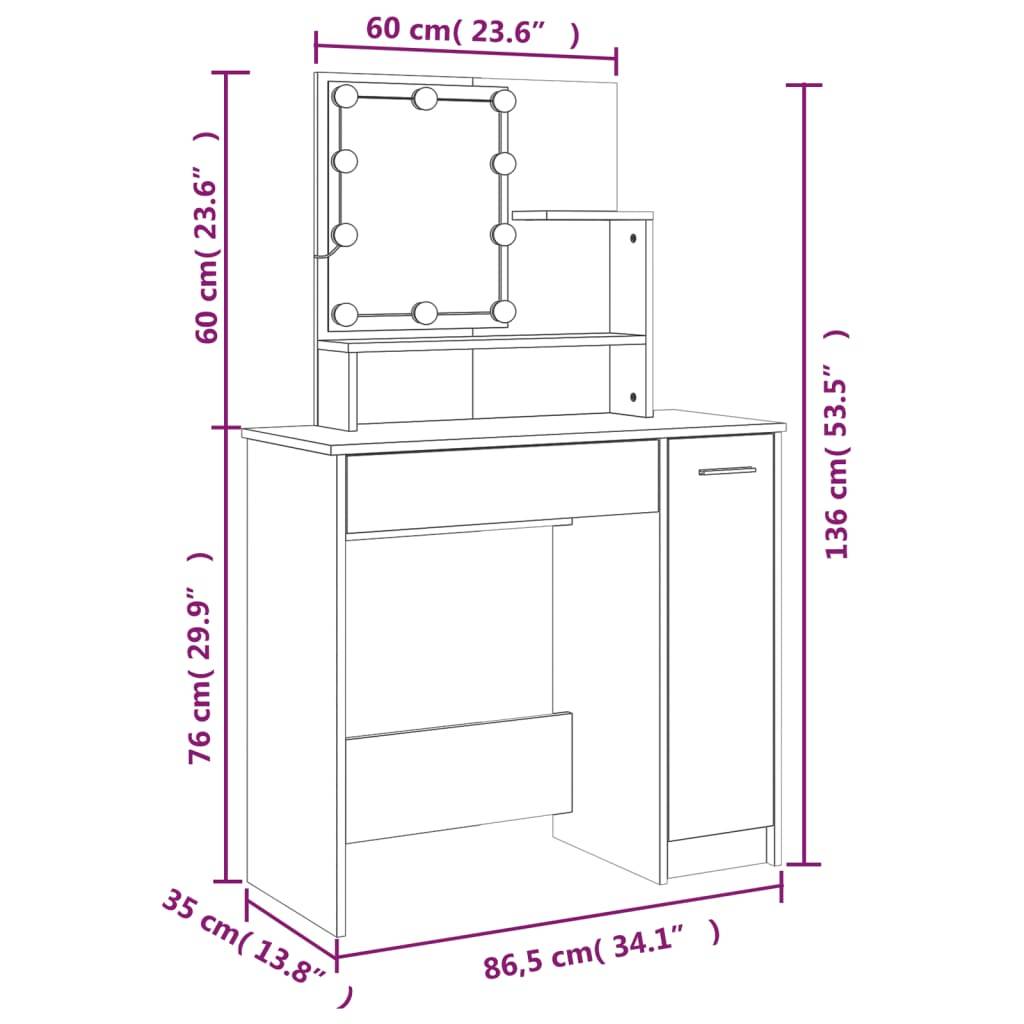 vidaXL Schminktisch mit LED Sonoma-Eiche 86,5x35x136 cm