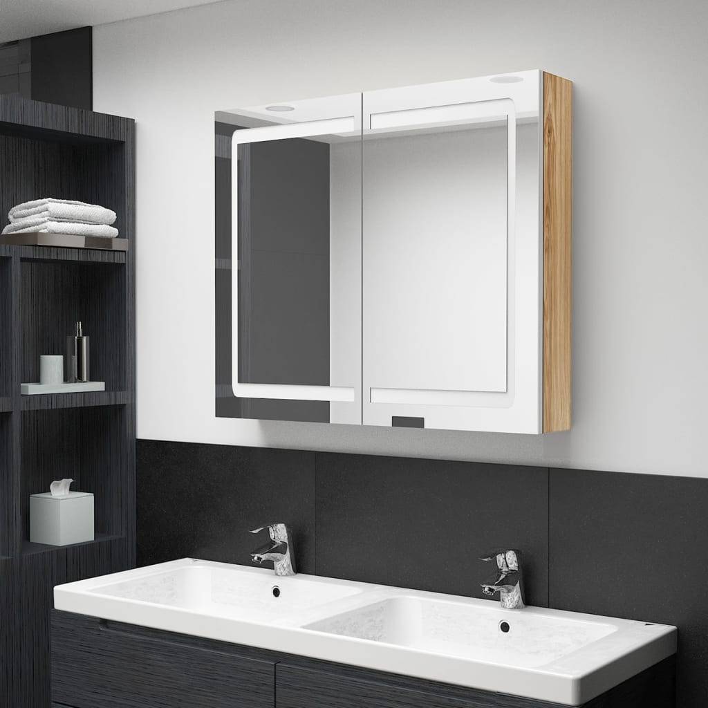 vidaXL LED-Spiegelschrank fürs Bad Weiß und Eichen-Optik 80x12x68 cm