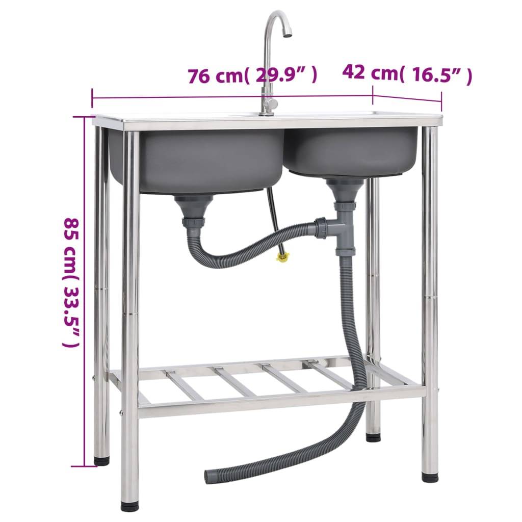 vidaXL Camping-Spüle mit Doppelbecken und Wasserhahn Edelstahl
