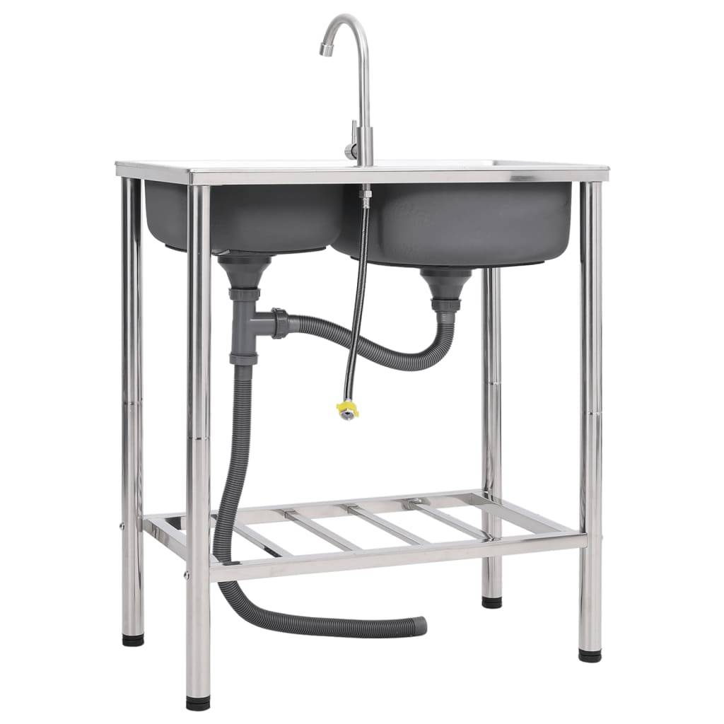vidaXL Camping-Spüle mit Doppelbecken und Wasserhahn Edelstahl