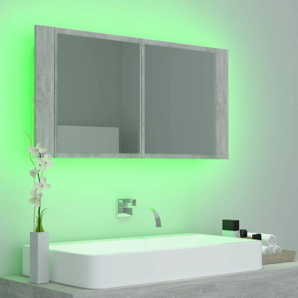 vidaXL LED-Bad-Spiegelschrank Betongrau 90x12x45 cm Acryl