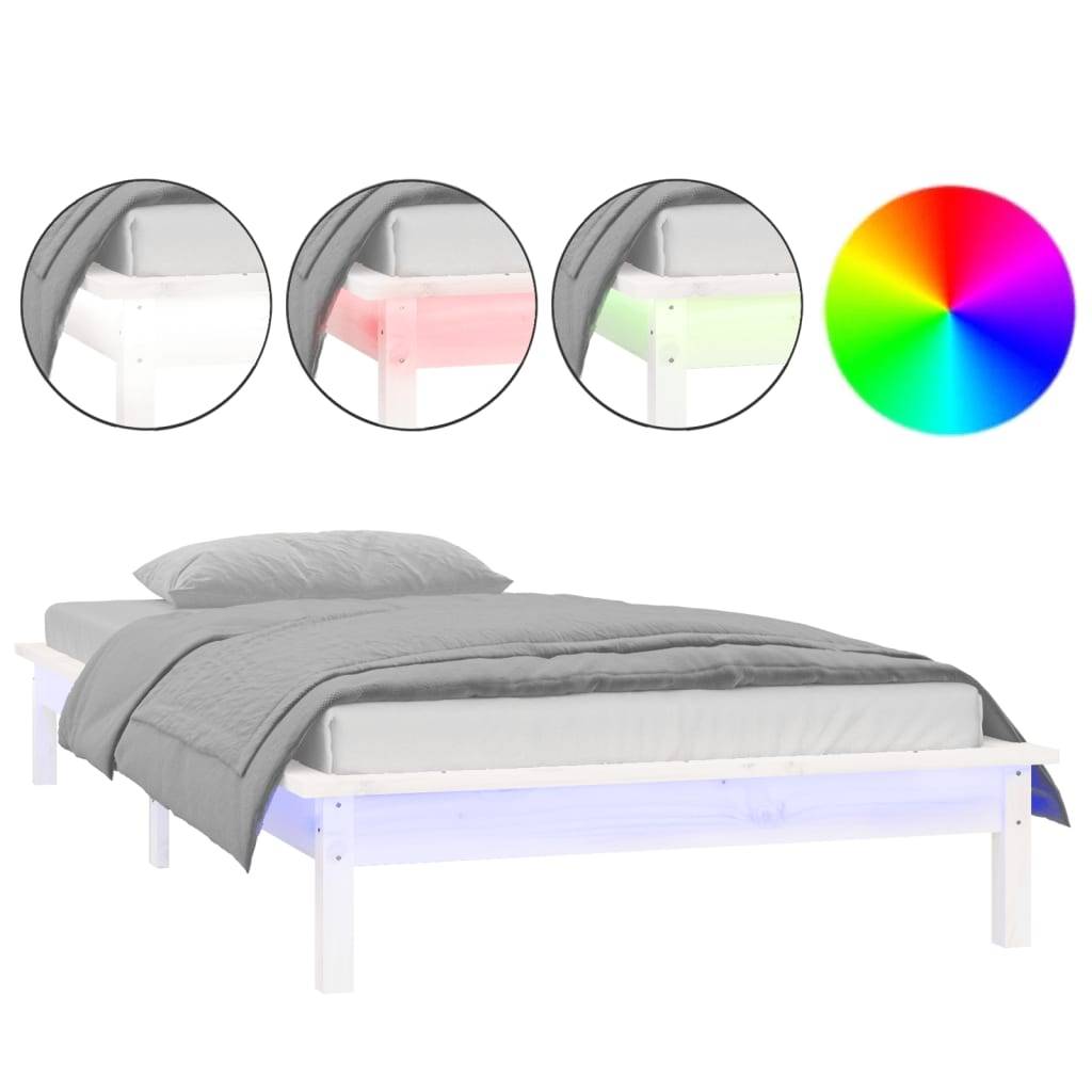 vidaXL Massivholzbett mit LED-Beleuchtung Weiß 90x200 cm
