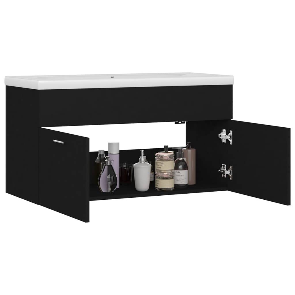 vidaXL Waschbeckenunterschrank mit Einbaubecken Schwarz Holzwerkstoff