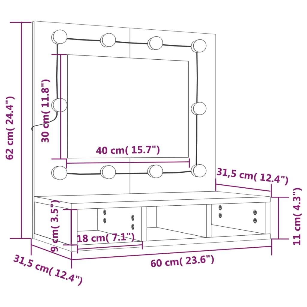 vidaXL Spiegelschrank mit LED Schwarz 60x31,5x62 cm
