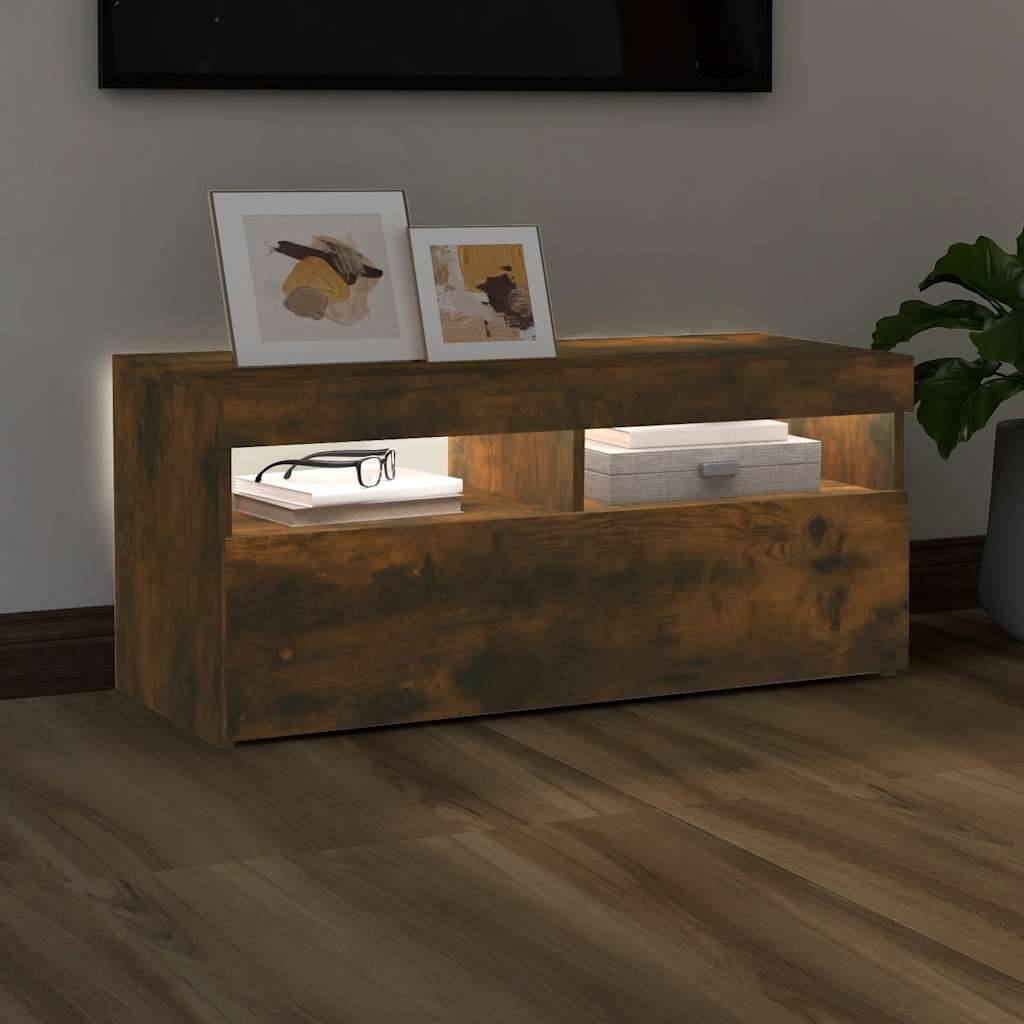 vidaXL TV-Schrank mit LED-Leuchten Räuchereiche 90x35x40 cm