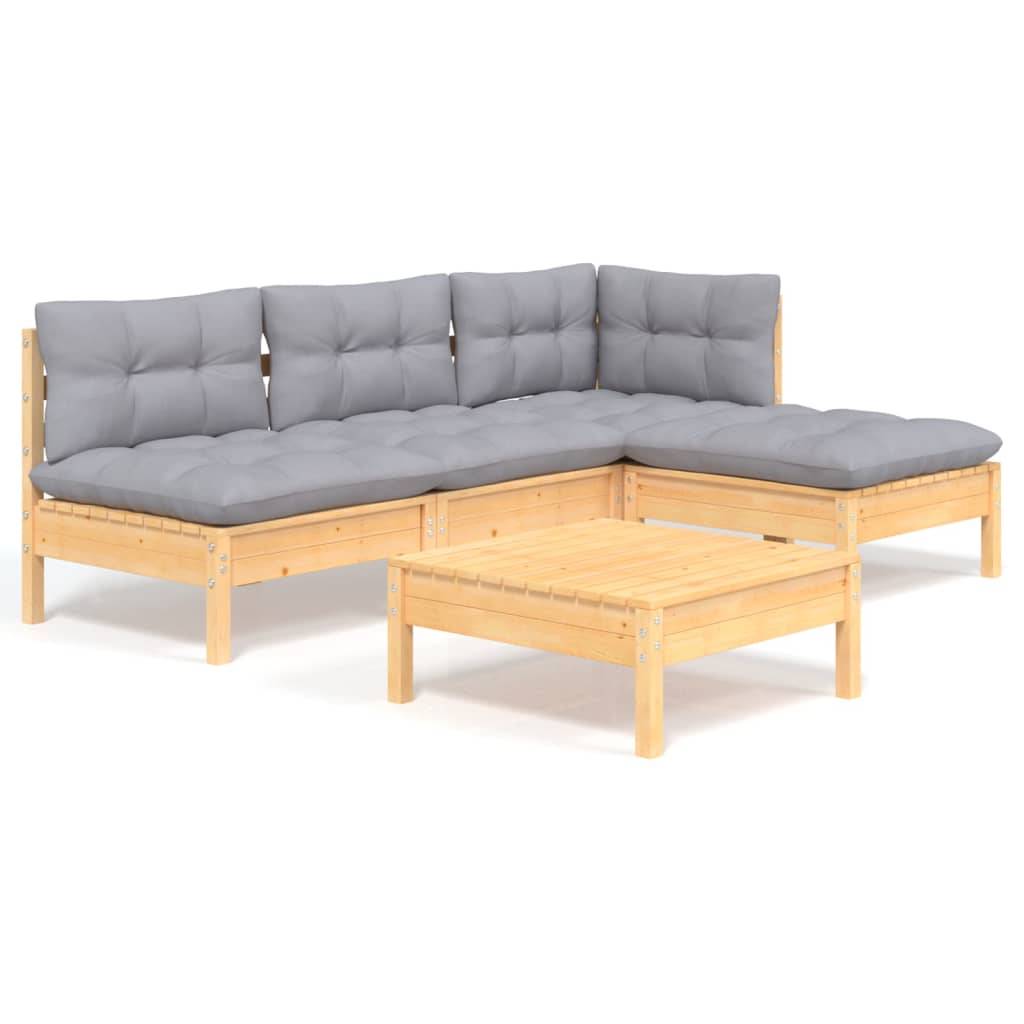 vidaXL 5-tlg. Garten-Lounge-Set mit Grauen Kissen Kiefernholz