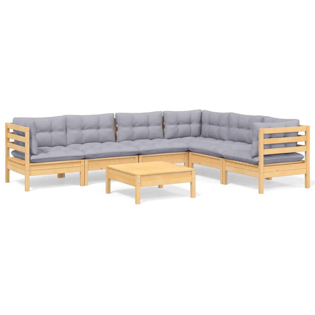 vidaXL 7-tlg. Garten-Lounge-Set mit Grauen Kissen Kiefer Massivholz