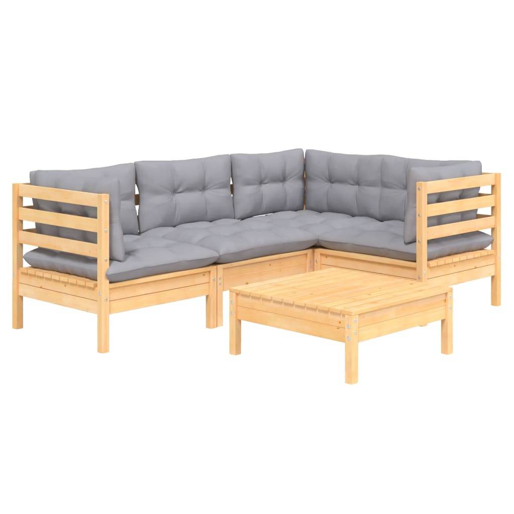 vidaXL 5-tlg. Garten-Lounge-Set mit Grauen Kissen Kiefernholz