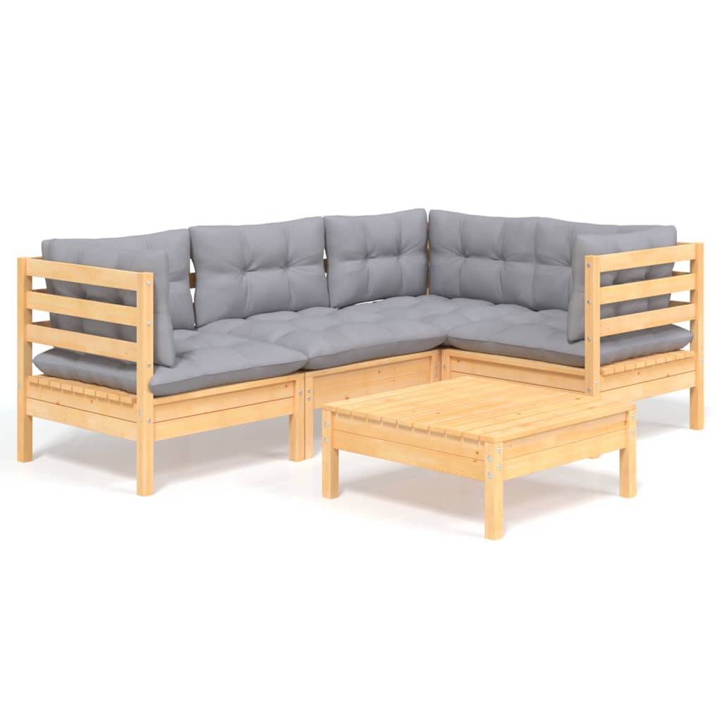vidaXL 5-tlg. Garten-Lounge-Set mit Grauen Kissen Kiefernholz