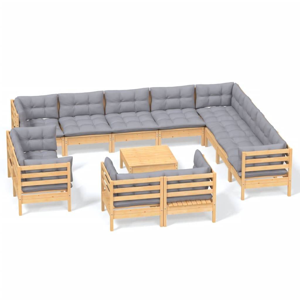 vidaXL 13-tlg. Garten-Lounge-Set mit Grauen Kissen Massivholz Kiefer