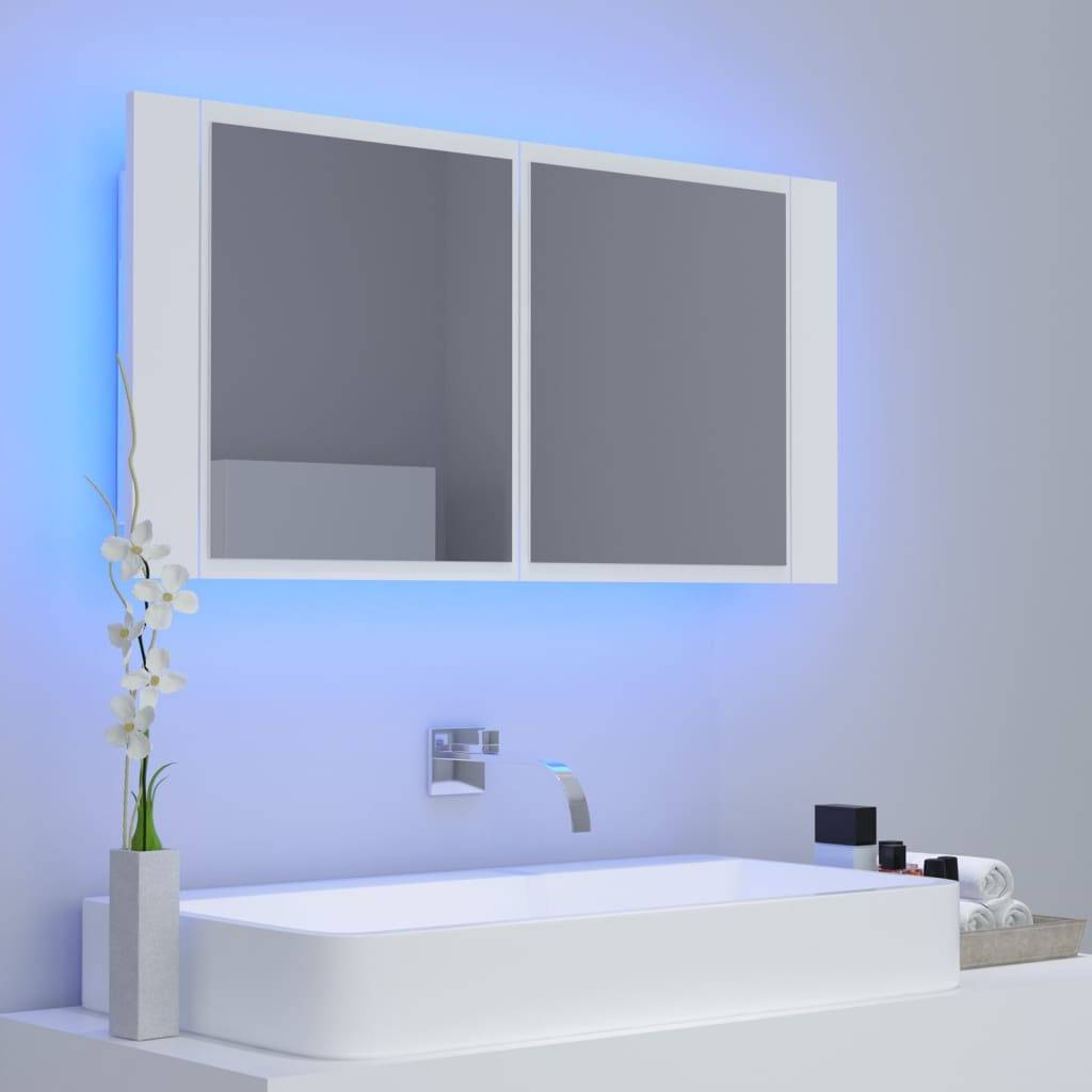 vidaXL LED-Bad-Spiegelschrank Weiß 90x12x45 cm Acryl