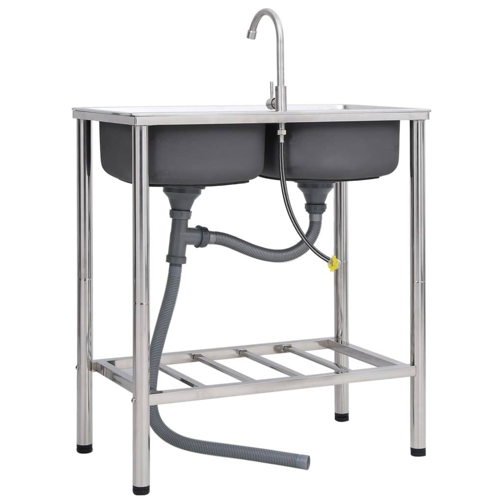 vidaXL Camping-Spüle mit Doppelbecken und Wasserhahn Edelstahl