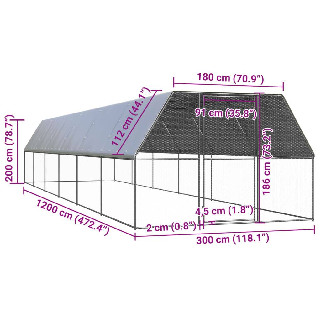 vidaXL Outdoor-Hühnerkäfig 3x12x2 m Verzinkter Stahl