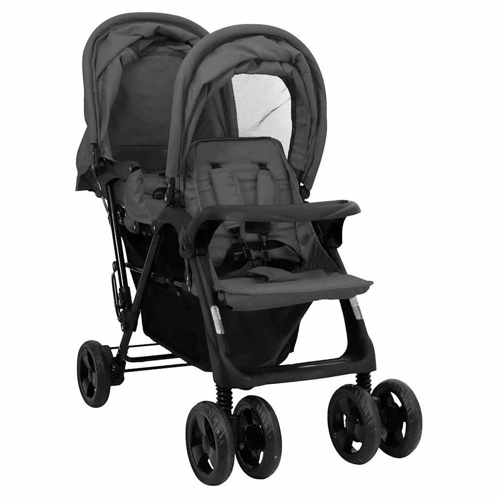 vidaXL Tandem-Zwillingskinderwagen Dunkelgrau Stahl