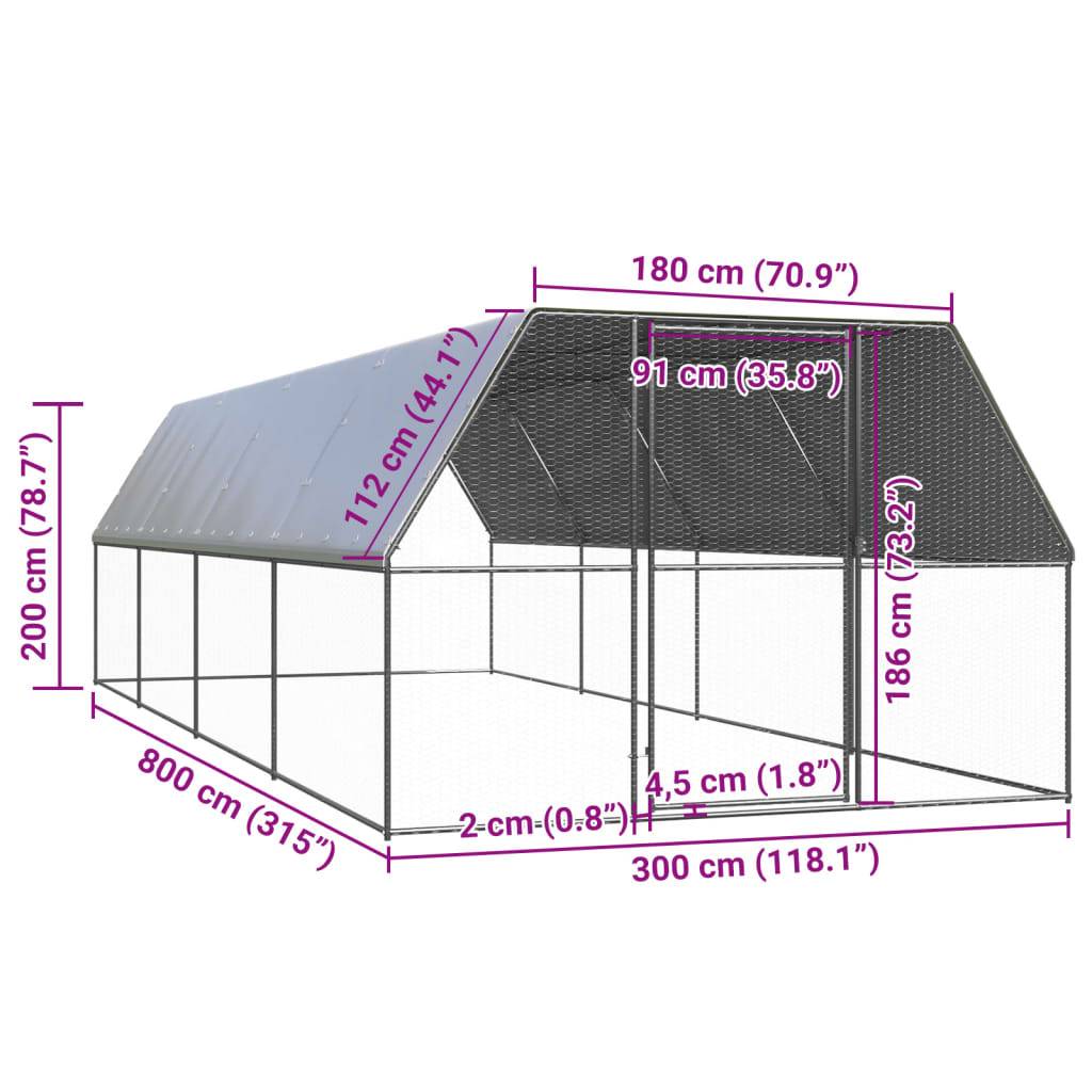 vidaXL Outdoor-Hühnerkäfig 3x8x2 m Verzinkter Stahl