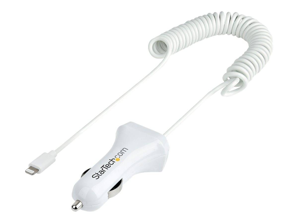 Weiß gewickeltes USB-Autolader-Kabel mit Lightning-Anschluss und Zigarettenanzünder-Stecker, mit der Bezeichnung „StarTech.com