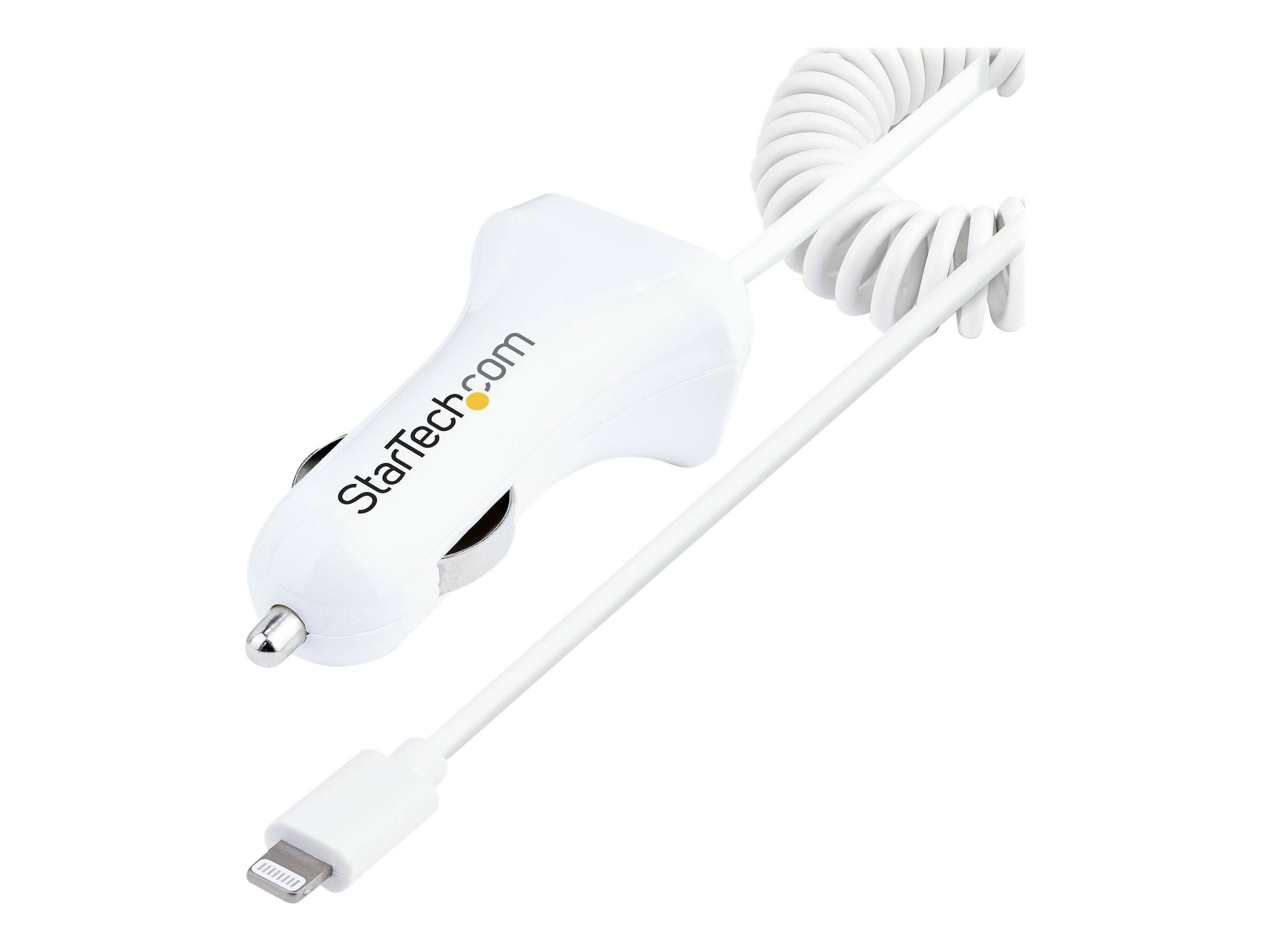Weißes Auto-Ladegerät mit aufgerolltem Kabel und Lightning-Anschluss, mit der Marke „StarTech.com