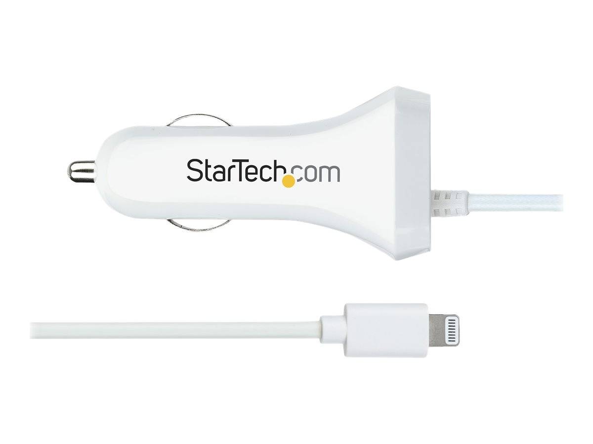 StarTech.com Autoladegerät mit USB-Anschluss und angebautem Lightning-Kabel zum Aufladen eines Apple-Geräts.