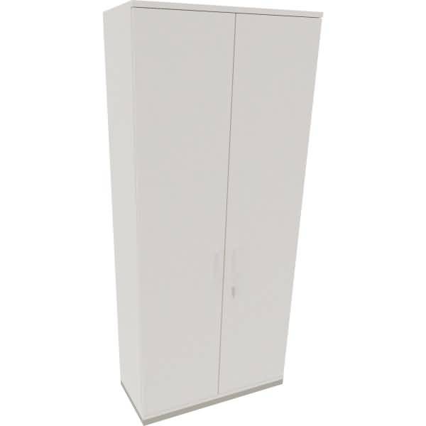 Weißer zweitüriger Lagerschrank mit schlichten Frontpaneelen, isoliert auf weißem Hintergrund dargestellt.