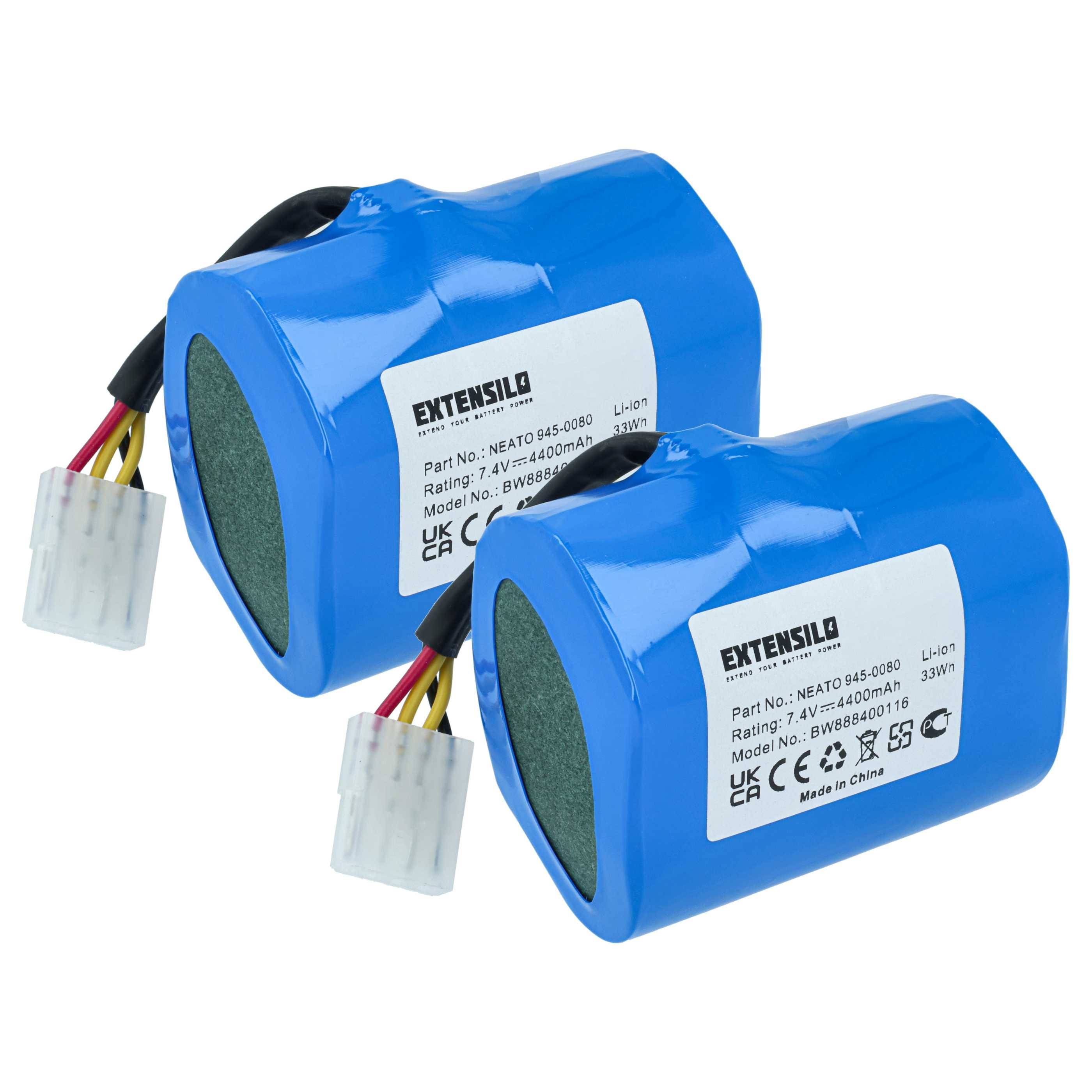 Zwei blaue wiederaufladbare Batteriesätze mit angebrachten weißen Steckern, auf weißem Hintergrund abgebildet.