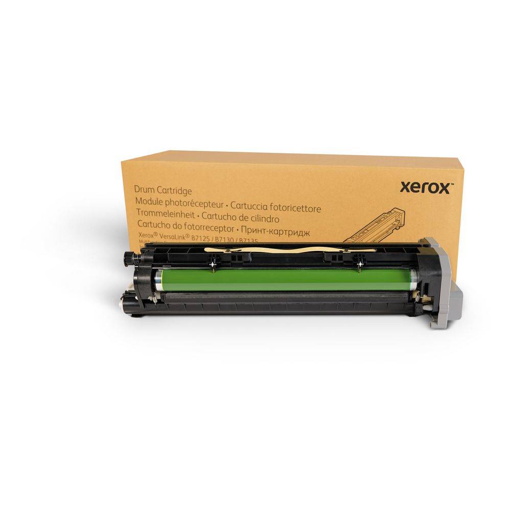 Xerox-Trommelkassette mit einer grünen zylindrischen Walze, abgebildet vor ihrer gekennzeichneten Pappschachtel auf weißem Hintergrund.