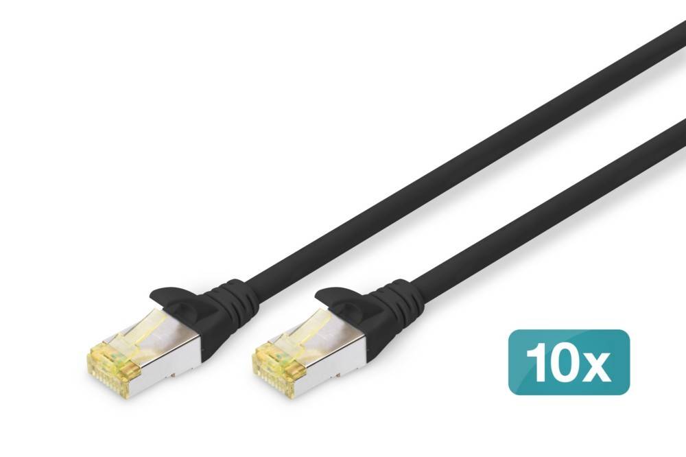 Zwei schwarze Ethernet-Kabel mit RJ45-Steckern, mit der Bezeichnung „10x