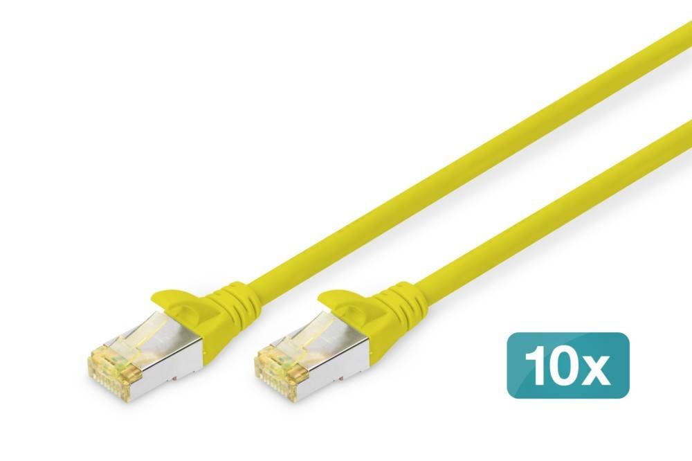 Zwei gelbe Ethernet-Kabel mit RJ45-Steckern, mit der Beschriftung „10x