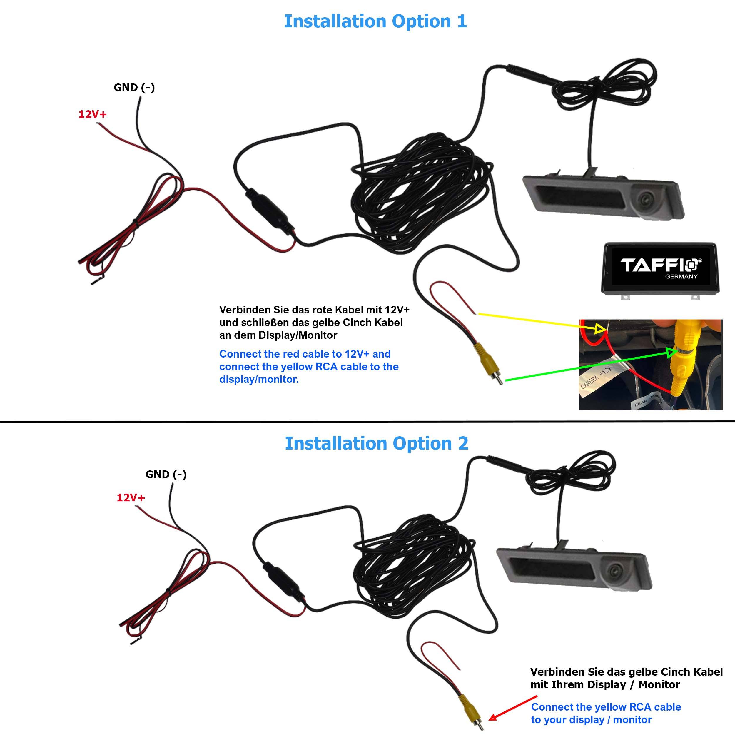 Optionen zur Installation der Rückkamera': Zwei Optionen mit Bildern. Option 1: Verbinden Sie die roten und schwarzen Kabel mit dem Display/Monitor. Option 2: Verbinden Sie das gelbe RCA-Kabel mit dem Display/Monitor.