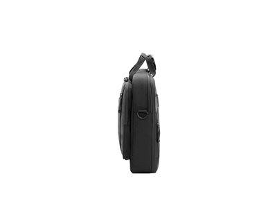 Eine elegante, schwarze Laptoptasche, die von der Seite gezeigt wird, mit einem Griff oben und einem schlanken Profil.