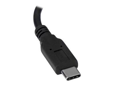 Ein schwarzes USB-C-Kabel auf weißem Hintergrund, das das Steckerende zeigt.