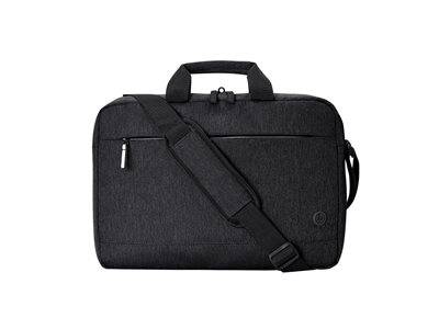 Eine schwarze Laptoptasche mit Schultergurt, Tragegriff oben und Reißverschlusstasche an der Vorderseite.