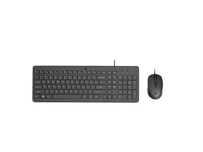Eine schwarze Tastatur- und Maus-Kombination, kabellos und für Desktop-Computer konzipiert, nebeneinander auf einem einfarbigen weißen Hintergrund platziert.