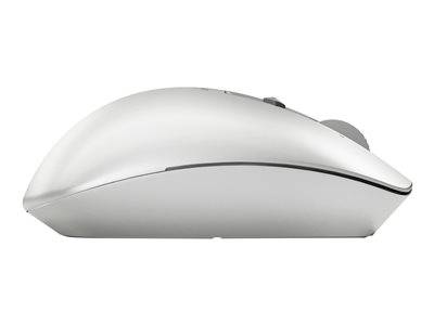 Eine schlanke, weiße Computermaus mit einem glatten, ergonomischen Design von der Seite betrachtet.