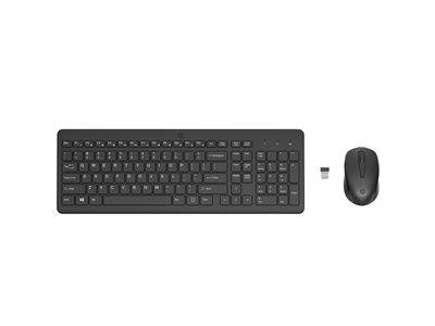 Kabelloses Tastatur- und Mausset mit USB-Empfänger auf einfachem Hintergrund. Die Tastatur ist vollformatig mit Ziffernblock.