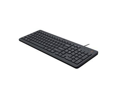 Eine schwarze kabelgebundene Tastatur mit Ziffernblock, aus einem Winkel betrachtet.