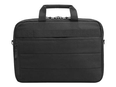 Eine schwarze Laptoptasche mit Tragegriff oben und einer vorderen Reißverschlusstasche, geeignet zum Transportieren von Laptops und Zubehör.