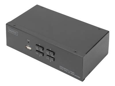 Ein schwarzer KVM-Switch mit vier nummerierten Tasten und einem USB-Anschluss für duale Anzeige und Audio. Geeignet zur Verwaltung mehrerer Computer.