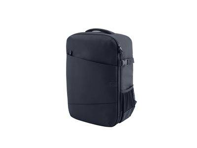 Ein schlanker, schwarzer Rucksack mit minimalistischem Design, ausgestattet mit einer Fronttasche und einer Seitentasche, vor einem schlichten weißen Hintergrund.