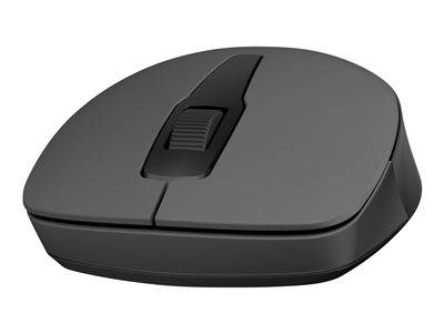 Eine kabellose schwarze Computermaus mit schlankem Design, zwei Tasten und einem zentralen Scrollrad.